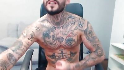 Tony Calvin on Flirt4Free - Tatted Up Ripped Stud Jerks Off Huge Uncut Cock, European, Cumshot, Solo