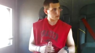 Gorgeous College Jock jerking his huge cock and shooting a load on a tram, College, Gay, Jocks