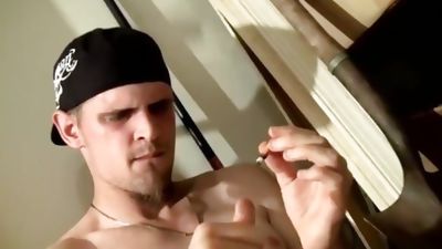Inked thug Nolan smokes and wanking big cock before cumshot, Big Cock, Cumshot, Gay, Smoking