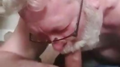 Bearded grandpa sucking cock and eating cum, Amateur, Big Cock, Blowjob, Gay