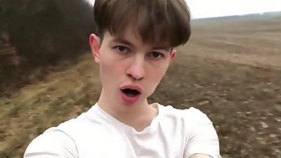teen boy cums outside in field, Big Cock, Handjob, Masturbating