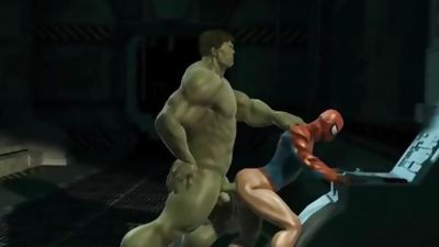 3D cartoon Spiderman getting blown and fucked by The Hulk, Anal, Big Cock, Blowjob