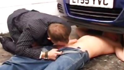 blond homo Car Mechanic Rammed On The Car Hood, Blonde, Uniform, Gay