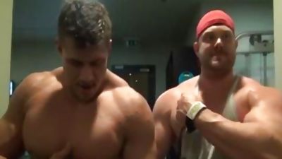 Muscle Buddies Flexing And Showering, Muscle, Hunks, Bath, Shower