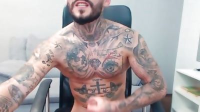 Tony Calvin on Flirt4Free - Tatted Up Ripped Stud Jerks Off Huge Uncut Cock, European, Cumshot, Solo, Dirty Talk