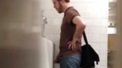 College Guy flashing and stroking meaty cock at urinal, Amateur, Big Cock, Homemade