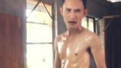 Super Horny and Hard Asian Twink Oiled Body Jerk Off at Construction Site, Asian, Big Cock, Masturbating