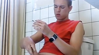 Twinkie went to the bathroom to smoke and stroke solo, Cumshot, Fetish, Masturbating