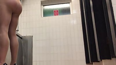 Taking a pee in public toilets in blue dress and pantyhose ., Amateur, Big Cock, Crossdresser