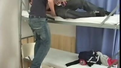 Cute young boy threesome in dorm eat cum, Big Cock, Blowjob, Swallow, Dorm