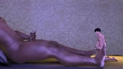 3D ebony hunk has his feet fucked by a mini stud, Handjob, Hardcore, Interracial