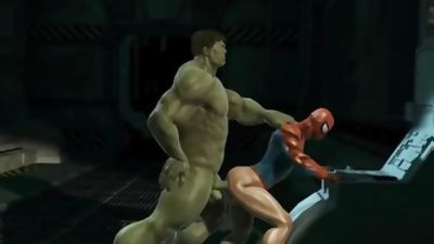 3D cartoon Spiderman getting blown and fucked by The Hulk, Anal, Big Cock, Blowjob
