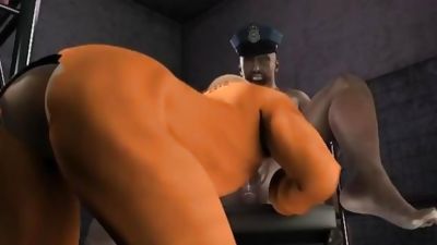 3D prisoner getting fucked by an overweight ebony cop, Big Cock, Blowjob, Handjob