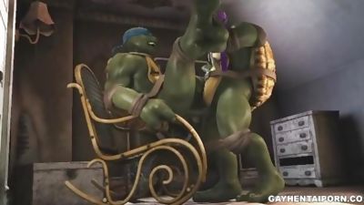 3D cartoon ninja turtle sucks cock and gets fucked, Anal, Blowjob, Facial