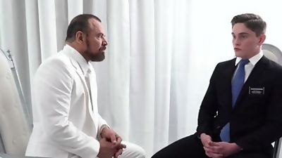 MormonBoyz - Handsome missionary jock gets touched by daddy priest, Cumshot, Handjob, Gay