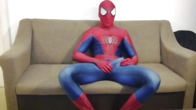 Horny Spiderman jerks off and cums massive load, Amateur, Big Cock, Cumshot