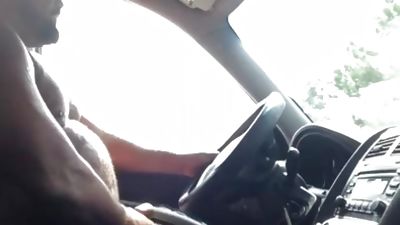 Big And Hairy Man Jerks His Cock While Driving On The Highway, Big Cock, Cumshot, Hairy