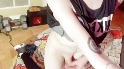 19 y.o. slaveboy cums on his legs, Amateur, Legs, Handjob