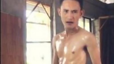 Super Horny and Hard Asian Twink Oiled Body Jerk Off at Construction Site, Asian, Big Cock, Masturbating