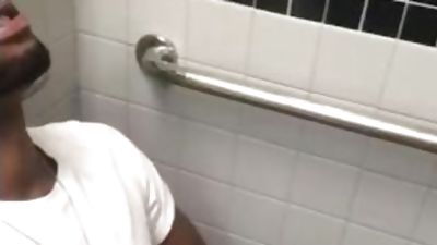 Almost caught in public restroom, Amateur, Black, Cumshot