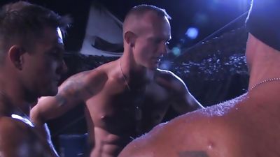 Hunky gay strokes his cock while buddies fist fuck him, Anal, Big Cock, Blowjob, Gay, Club Inferno Dungeon