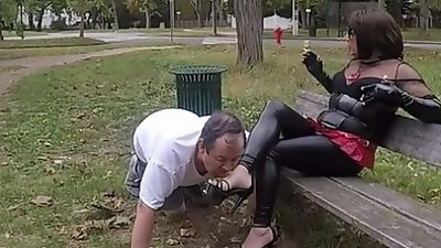 Public slave training in the park, Amateur, Outdoor, Crossdresser
