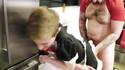 Twink maid with glasses fucked by bald daddy in kitchen, Amateur, Big Cock, Glasses, Amateurs Do It