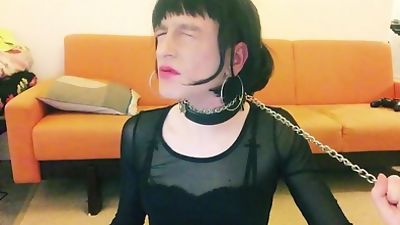 caged and stuffed sissy Nichole chokes herself and moans, Amateur, Anal, Crossdresser