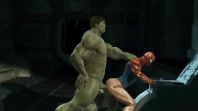 3D cartoon Spiderman getting blown and fucked by The Hulk, Anal, Big Cock, Blowjob