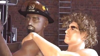 3D cartoon ebony fireman taking a hard white cock in his ass, Big Cock, Blowjob, Cumshot, Gay