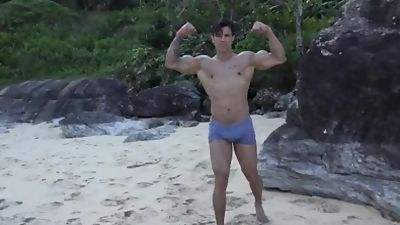 Sexy muscle worship on the beach, Bikini, Fetish, Handjob
