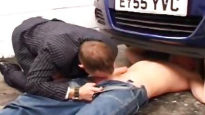 blond homo Car Mechanic Rammed On The Car Hood, Blonde, Uniform, Gay
