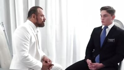 MormonBoyz - Handsome missionary jock gets touched by daddy priest, Cumshot, Handjob, Gay