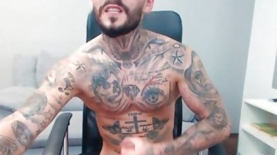 Tony Calvin on Flirt4Free - Tatted Up Ripped Stud Jerks Off Huge Uncut Cock, European, Cumshot, Solo