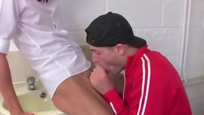 Nerdy twink fucked in public restroom after oral exchange, Blowjob, Hardcore, Masturbating