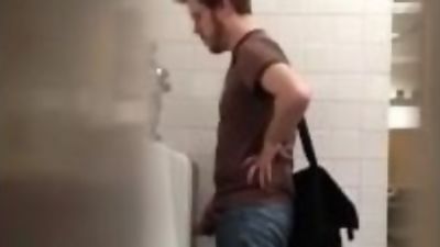 College Guy flashing and stroking meaty cock at urinal, Amateur, Big Cock, Homemade, Gay