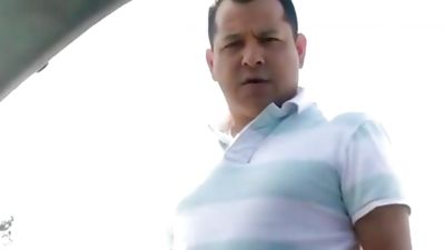 mexican dad watches me blow a load in my car, Masturbating, Outdoor, Gay