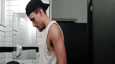 Cottaging in public toilet, Amateur, Masturbating, Gay, Public