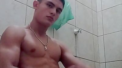 fit mexican boy in the restroom, Masturbating, Solo, Gay, Fitness