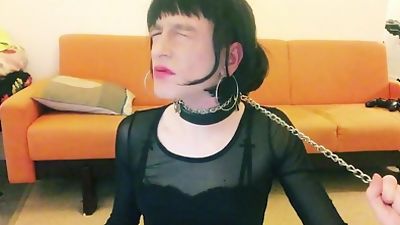 caged and stuffed sissy Nichole chokes herself and moans, Amateur, Anal, Crossdresser