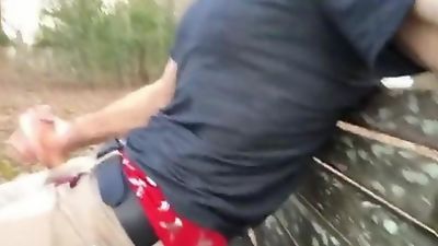 Jerking off in public park on the bench, Amateur, Big Cock, Cumshot, Gay