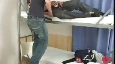 Cute young boy threesome in dorm eat cum, Big Cock, Blowjob, Swallow