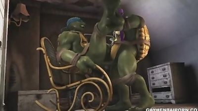 3D cartoon ninja turtle sucks cock and gets fucked, Anal, Blowjob, Facial, Gay