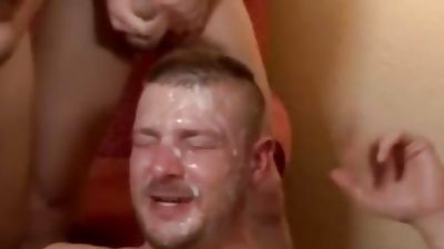 Guy Takes Cum Bath After Sucking!, Blowjob, Cumshot, Facial, Bukkake Boys