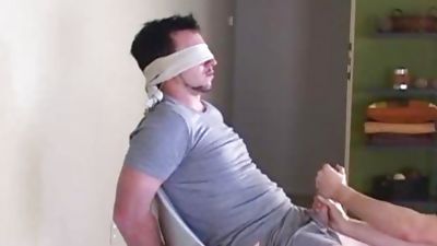 Blindfolded lad acquires oral-job stimulation, Blowjob, Handjob, Gay