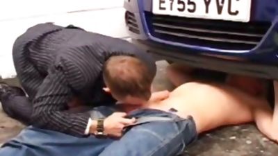 blond homo Car Mechanic Rammed On The Car Hood, Blonde, Uniform, Gay