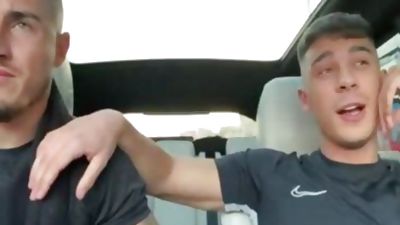Two horny handsome In Car, Handjob, Gay, Muscle